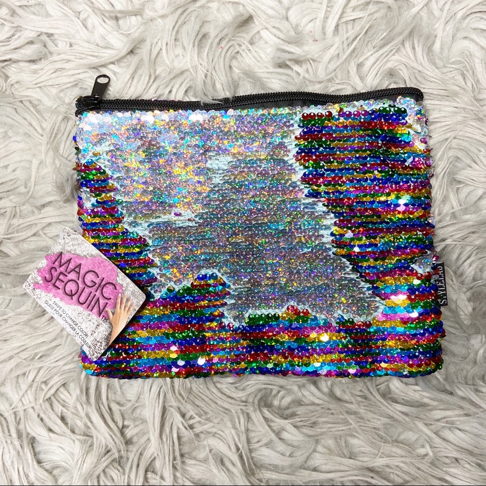 NWT Magic Sequin Rainbow Silver Zippered Pouch